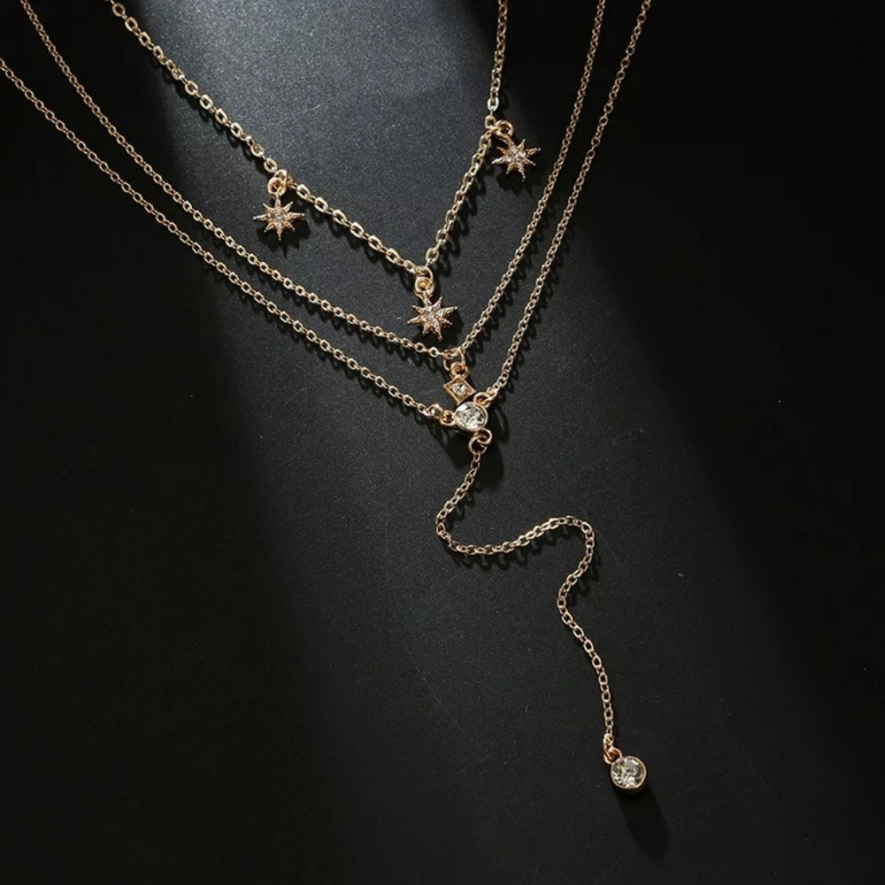 Gold Tone 3 Layer W/Stars Necklace